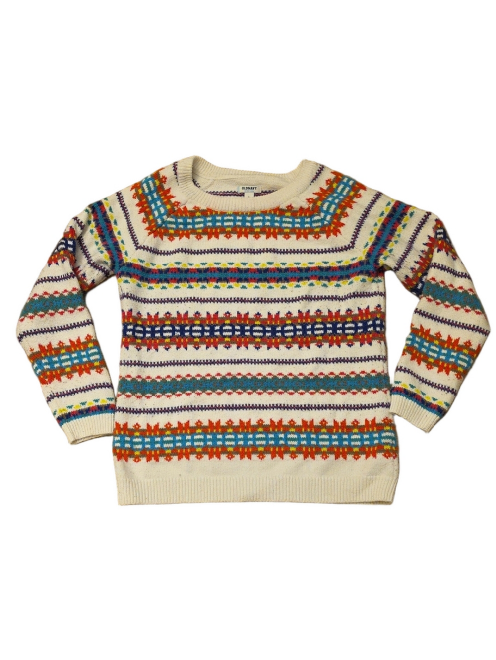 Old Navy Cream Fair Isle Crewneck Sweater with Multicolor Stripes